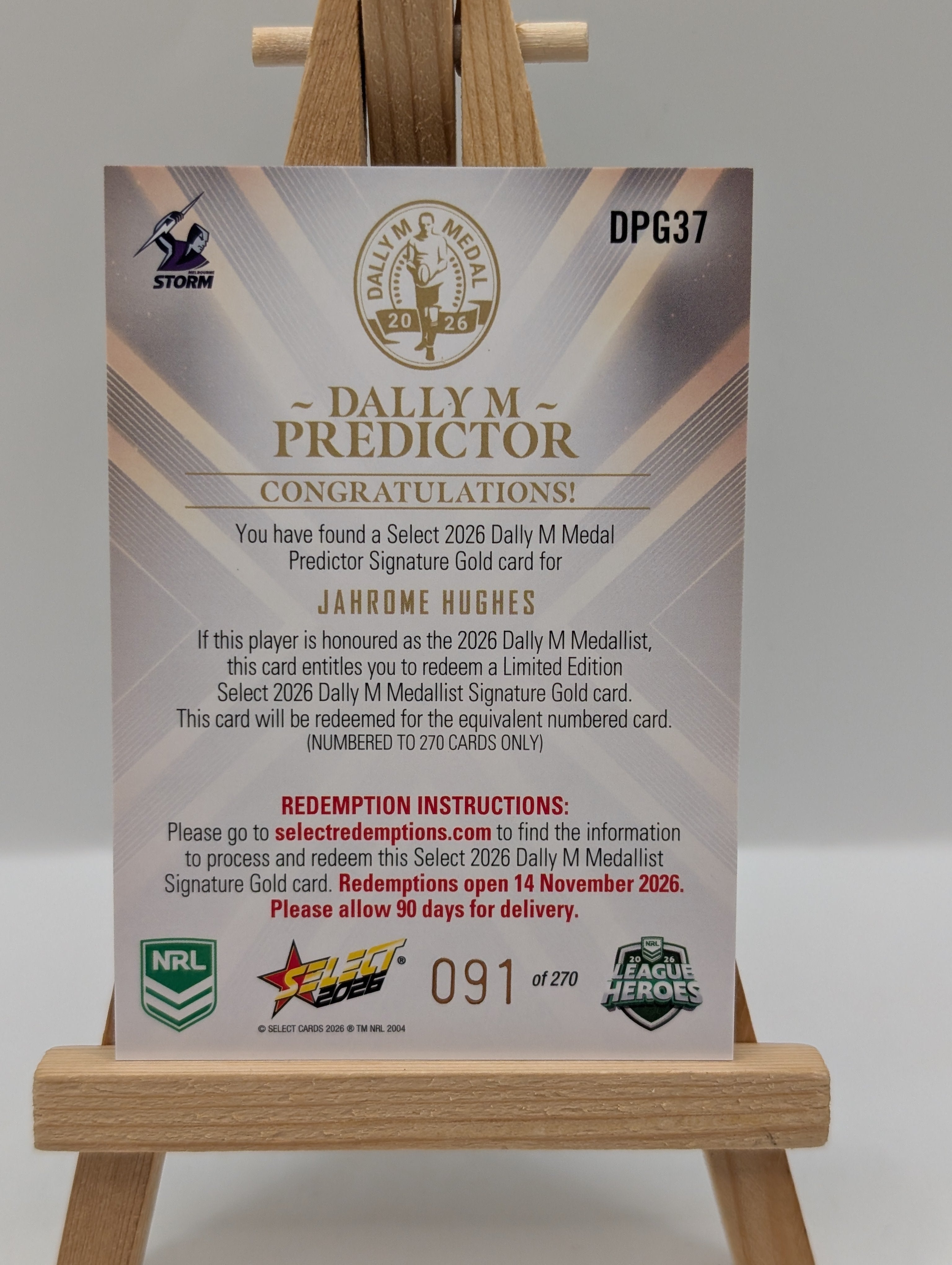 2026 NRL Select League Heroes Dally M Gold Predictor Jahrome Hughes Storm #091 FRENLY BRICKS - Open 7 Days